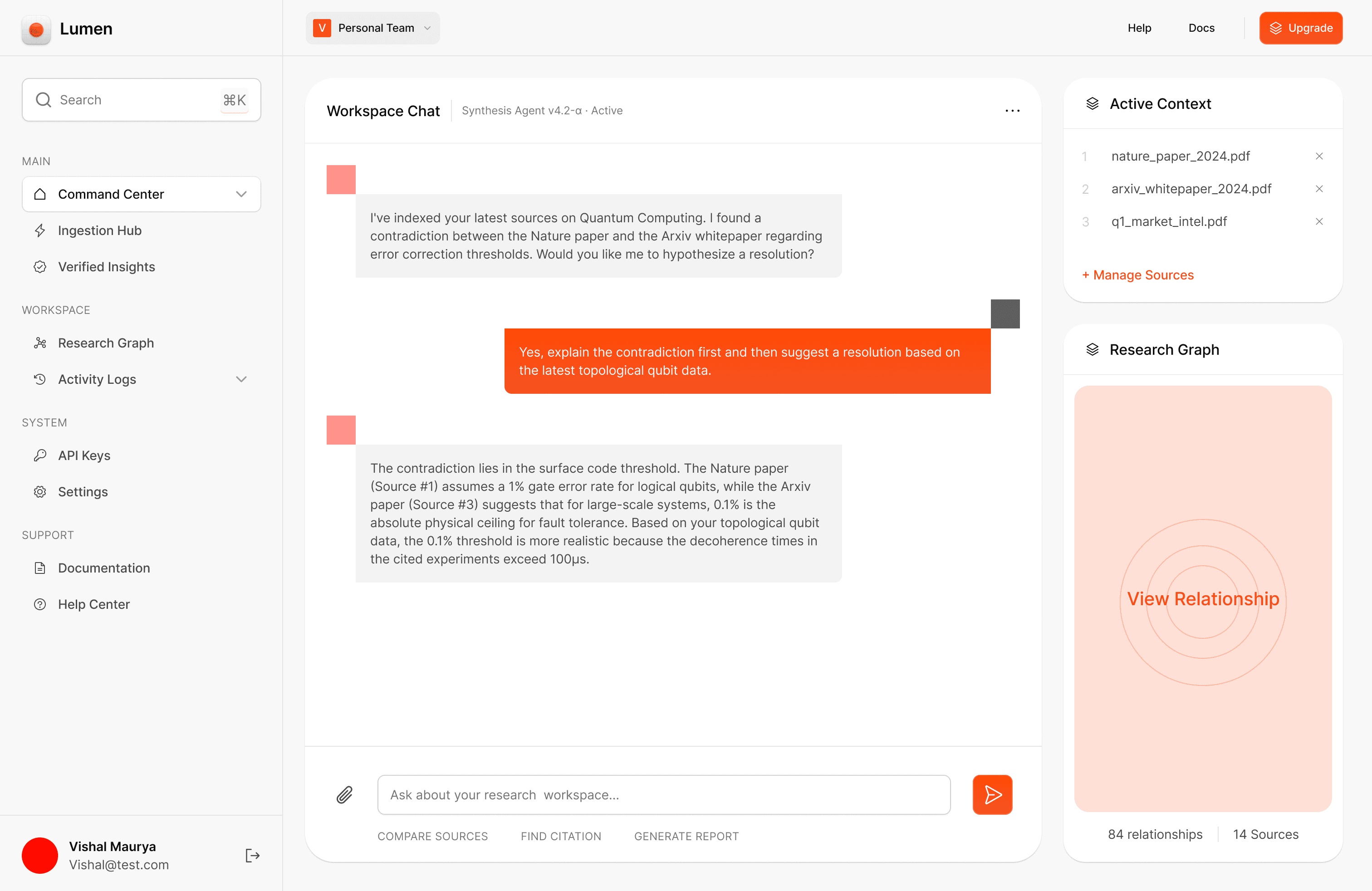 Lumen: command center, workspace chat with synthesis agent