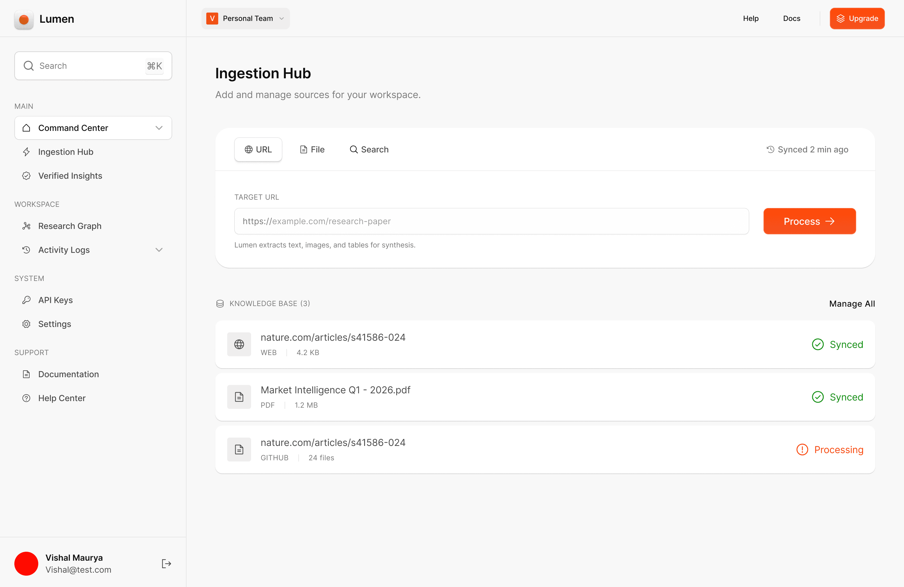Lumen: ingestion hub, source input and knowledge base