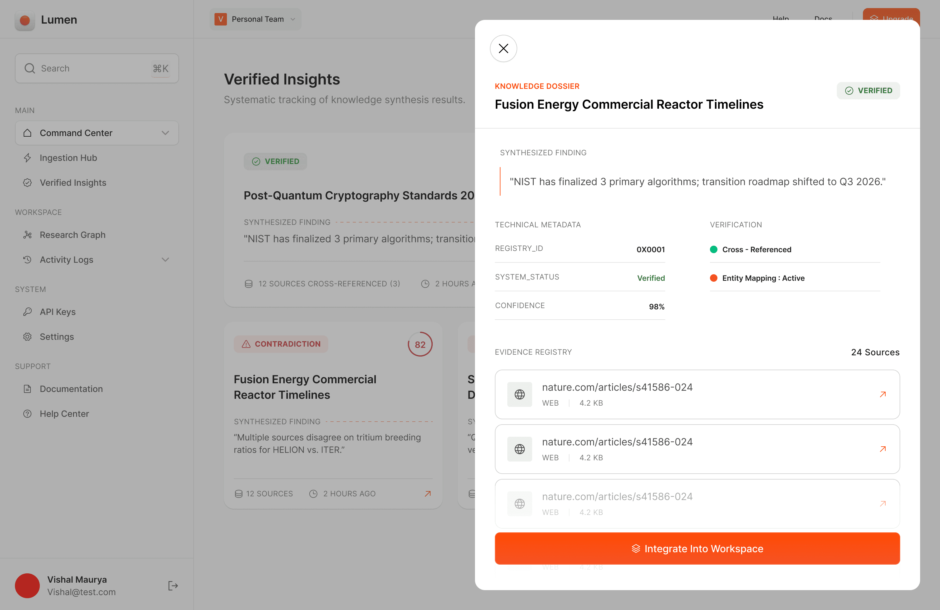 Lumen: insight dossier modal, evidence registry and metadata