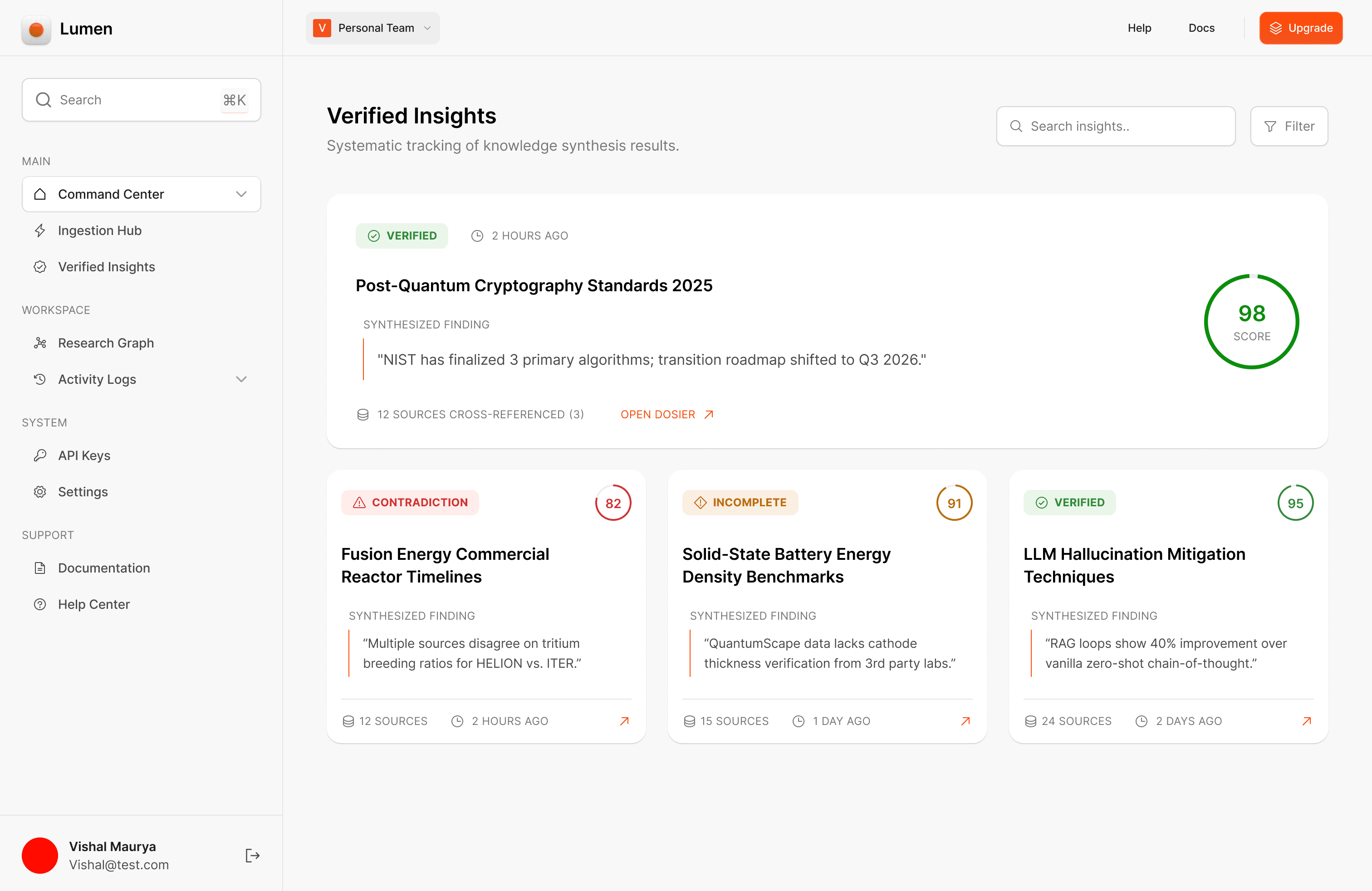 Lumen: verified insights, synthesized findings with confidence scores