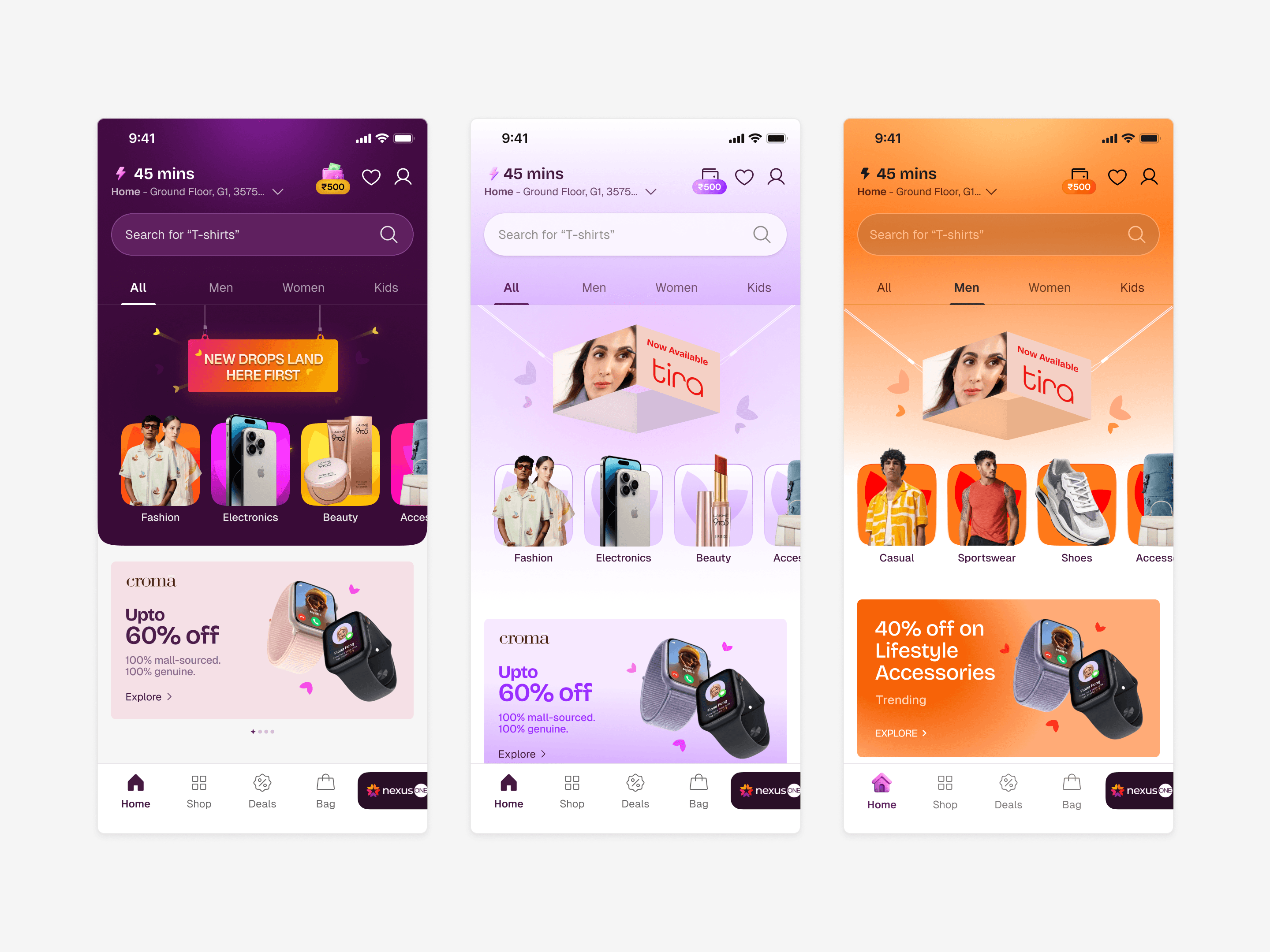 Home screen variations: three takes on Familiarity, Discovery, Speed