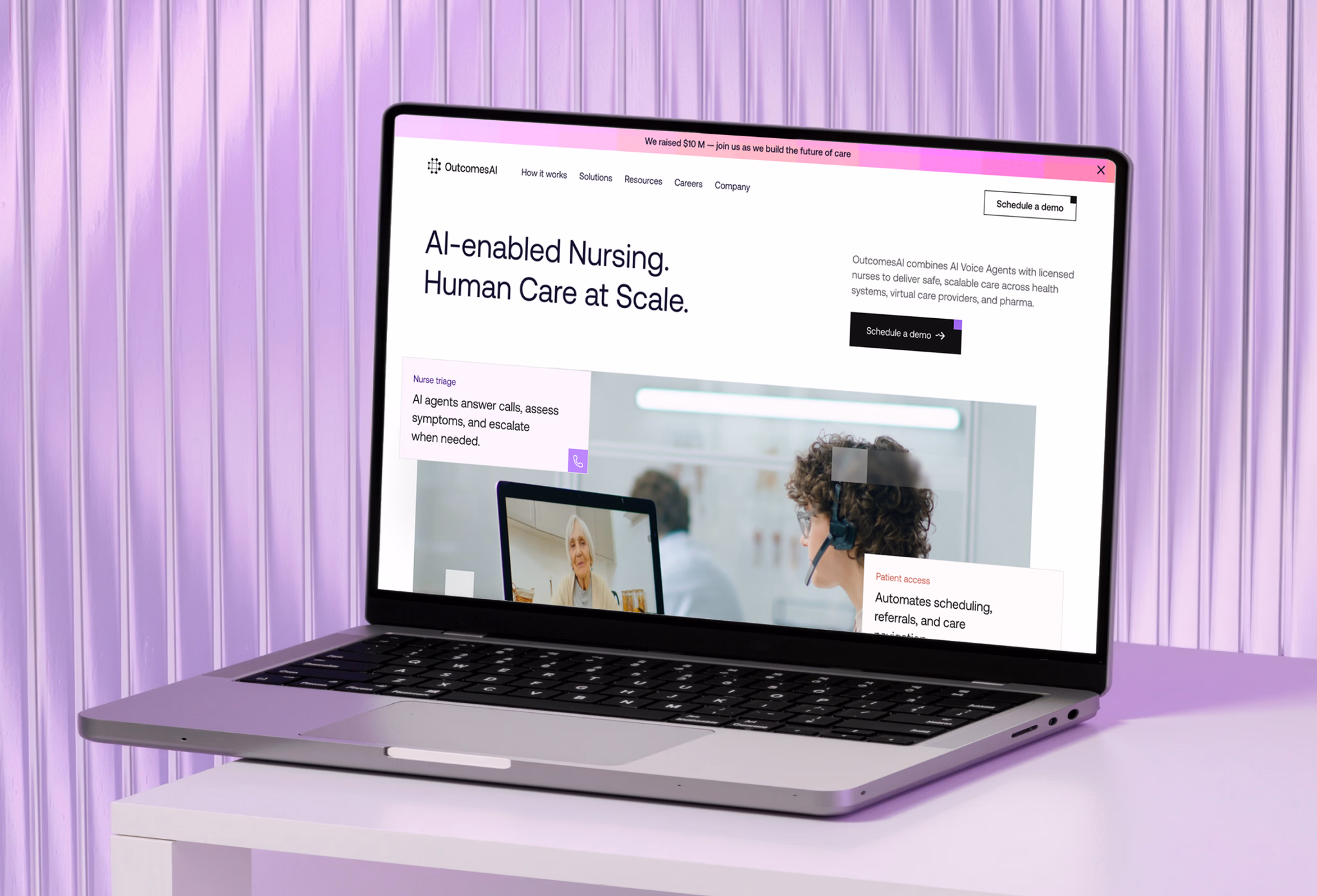 After: the redesigned homepage shown in a browser mockup, headline 'AI-enabled Nursing. Human Care at Scale.'