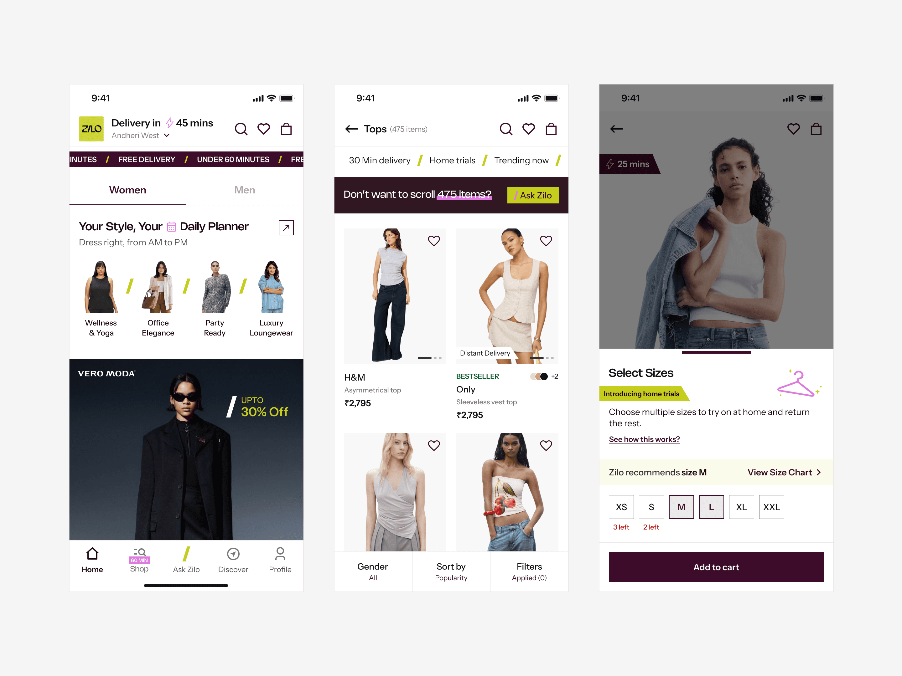 PDP with Home Trial affordance: order multiple sizes, try at home, return the rest