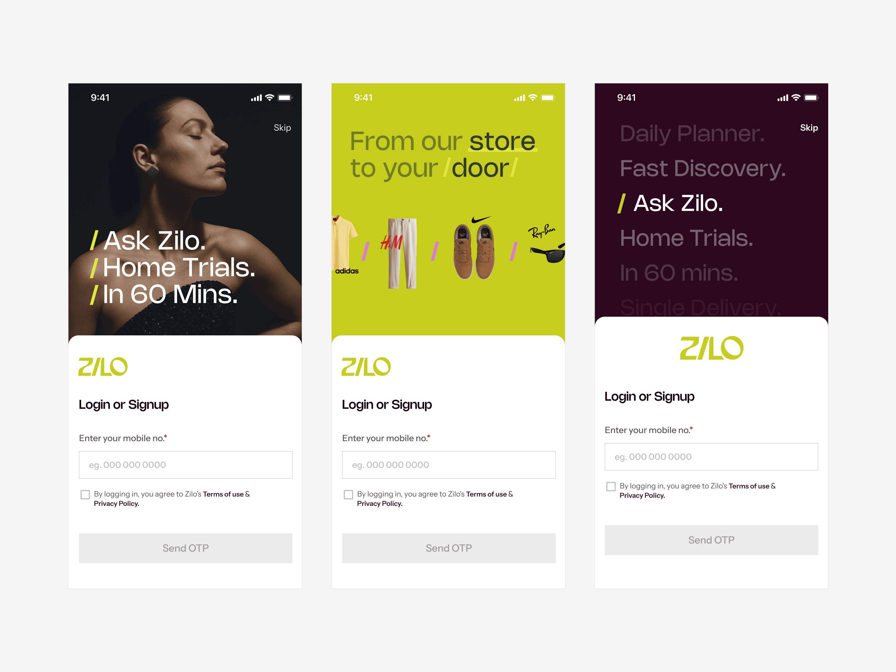 Onboarding sequence: the slash as voice, carried from wordmark into type