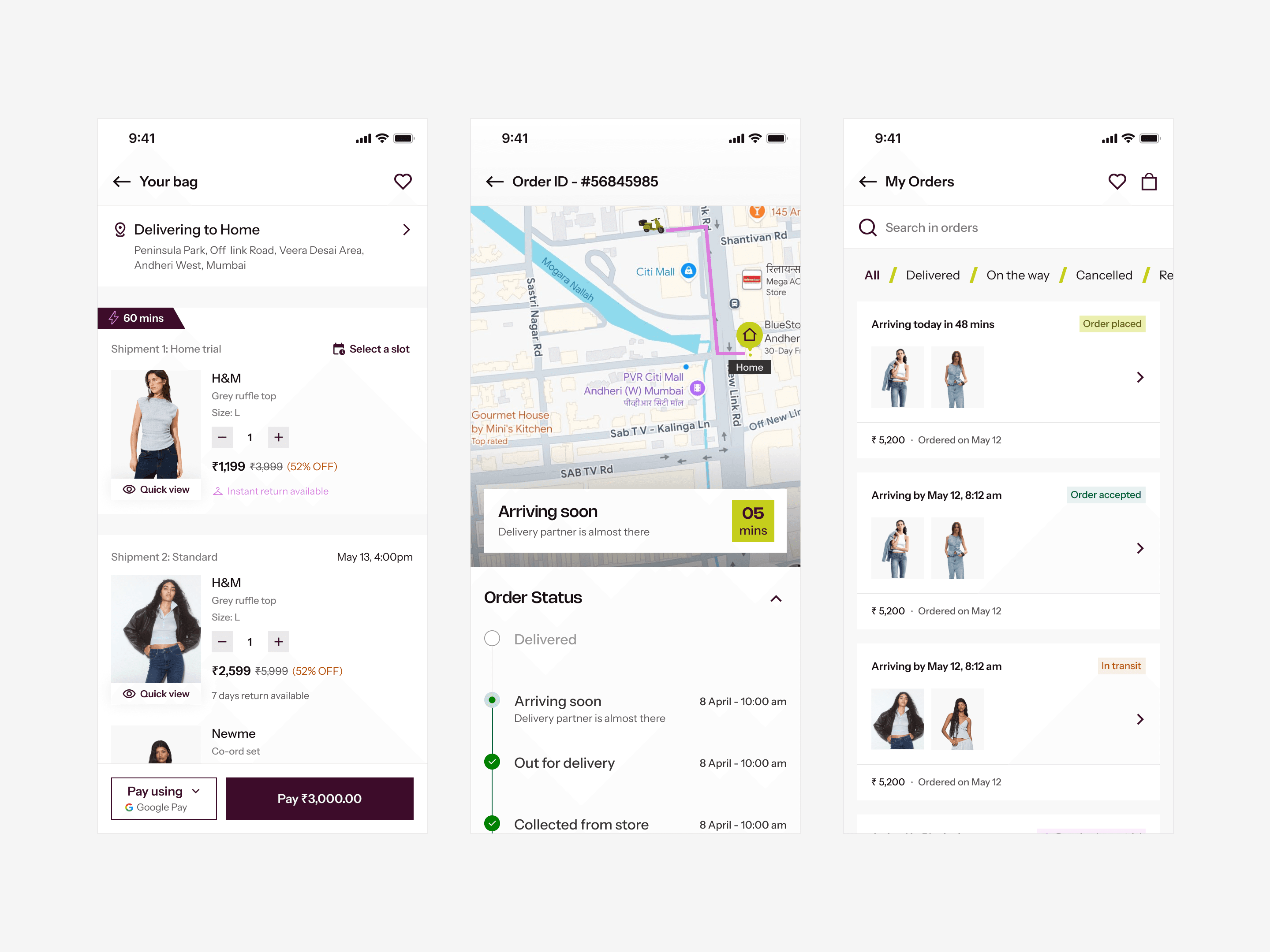 Post-buy surfaces: bag with dual shipments, live tracking, searchable order history